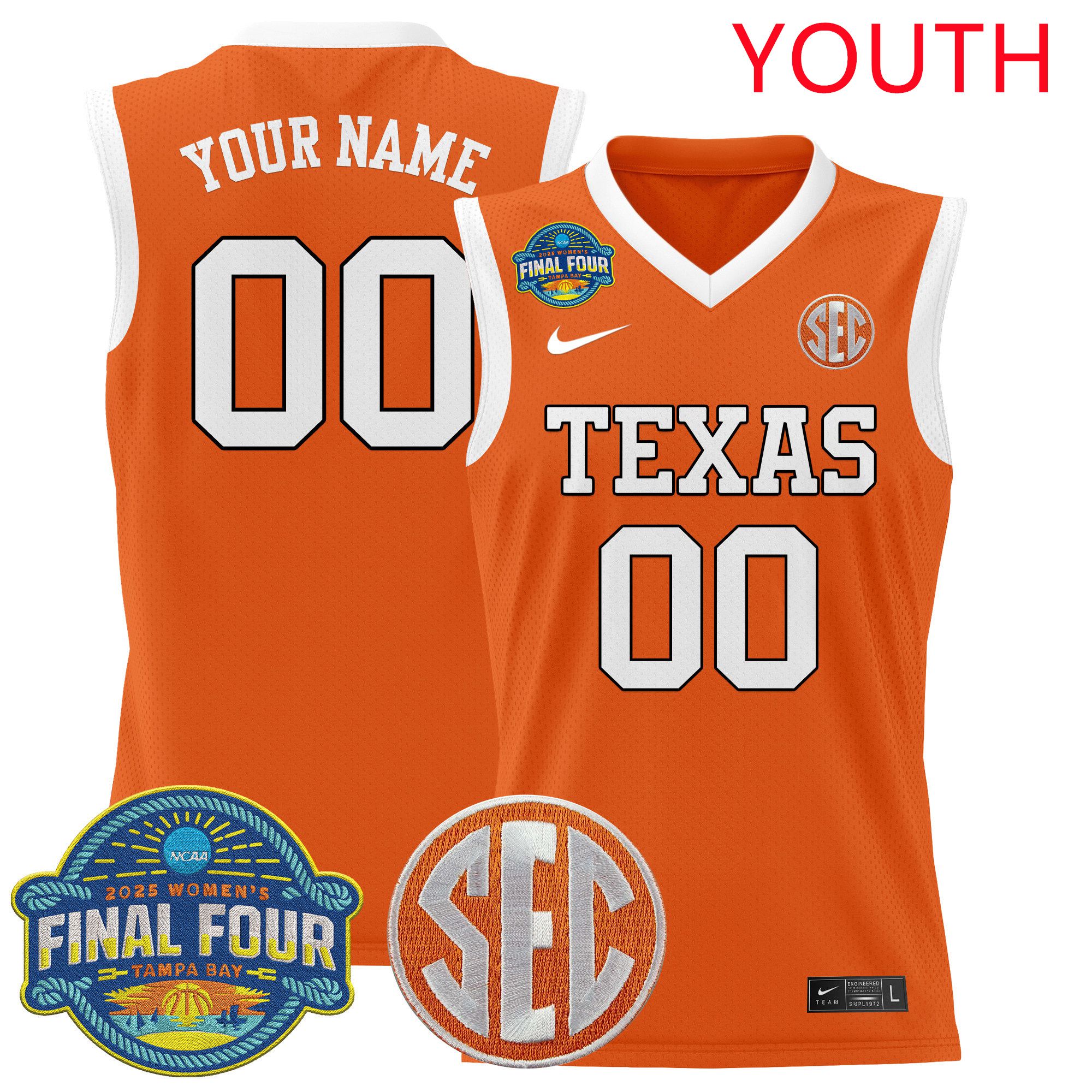 Youth Texas Longhorns Orange 2025 Nike Final Four Patch Lightweight Basketball Custom NCAA Jersey